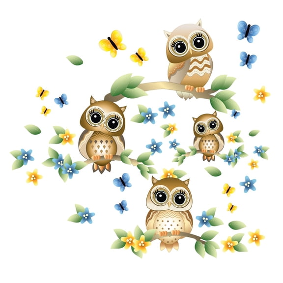 Kids Bedroom Nursery Four Little Cute Owls Vinyl Wall Decal | 28" x 28" Adhesive Home Wall Art Decorative Birds Design Removable Living Room Sticker Decoration - Multicolor
