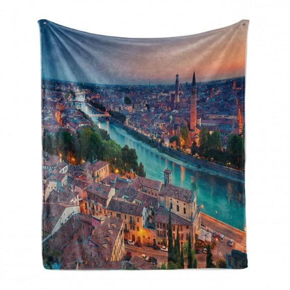 European Soft Flannel Fleece Blanket, Verona Italy During Summer Sunset Blue Hour Adige River Medieval Historcal, Cozy Plush for Indoor and Outdoor Use, 70" x 90", Aqua Coral Green, by Ambesonne