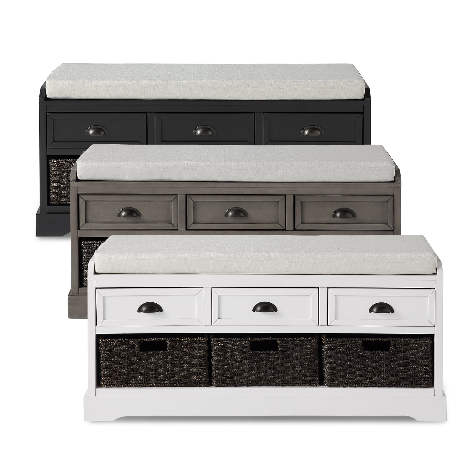 Lowestbest Wood Storage Bench, Entryway Bench with 3 Drawers and 3 Baskets, Grey Lowestbest Wood Storage Bench, Entryway Bench with 3 Drawers and 3 Baskets, Grey