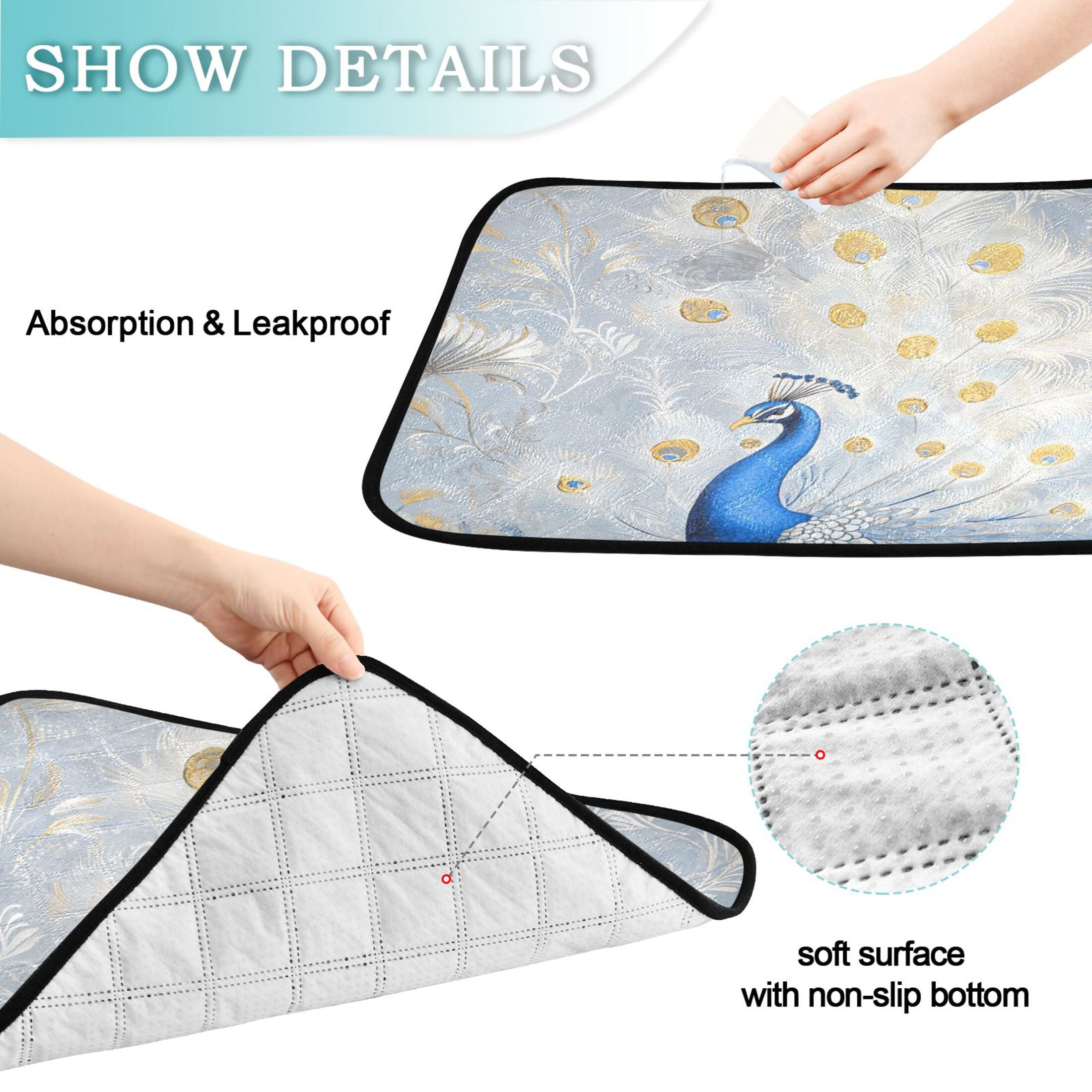 Qxltty Blue Peacock Cat litter Pads Pet Set of 2 Diaper Mats Center Anti-leakage Layer Absorbent Soft and Comfortable