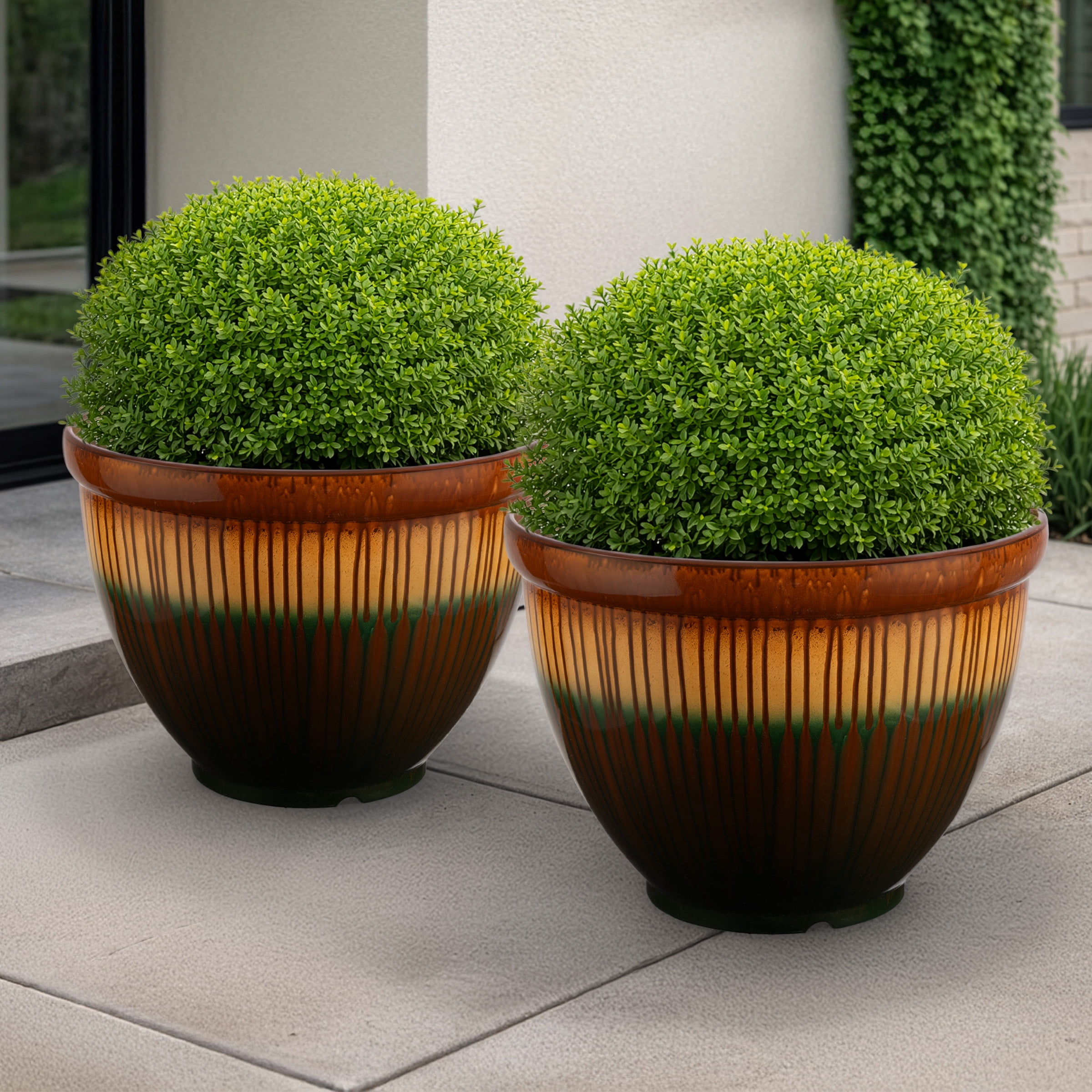 Pure Garden 13.7” Large Plastic Plant Pot with Glazed Ceramic Look for Indoors or Outdoors, Bronze