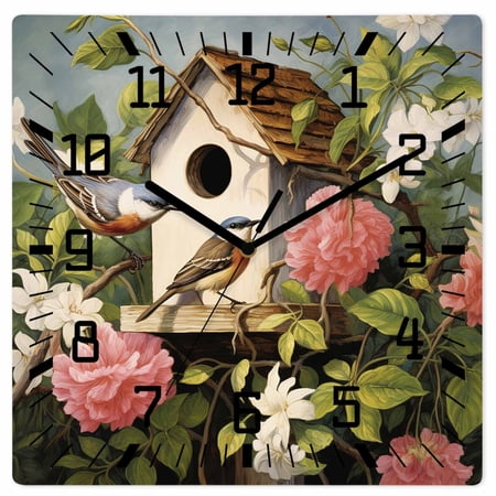 Vintage Birdhouse Wooden Wall Clock Silent Non Ticking, Spring Floral Birds Botanical Square Wall Clocks Battery Operated, Decor Clock for Home Office, Living Room, Kitchen, 10 Inch