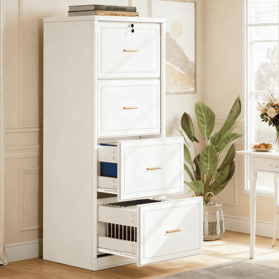 Fnova 4-Drawer File Cabinet, Tall Filing Cabinet with Lock and Key, Heavy Duty Wooden Vertical Office Storage Organizer for Legal Size/Letter/A4/Files, Home Office, White