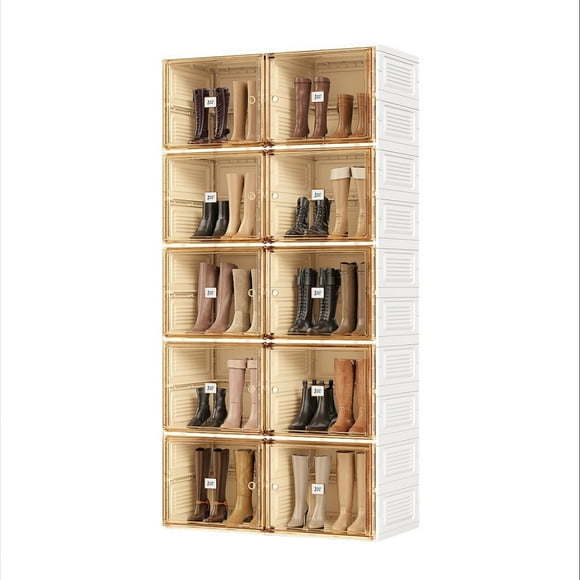 ANTBOX Foldable Shoe Storage Organizer with Magnetic Doors, 10-Grid Portable Shoe Cabinet, 5-Layer Stackable Unit, Brown