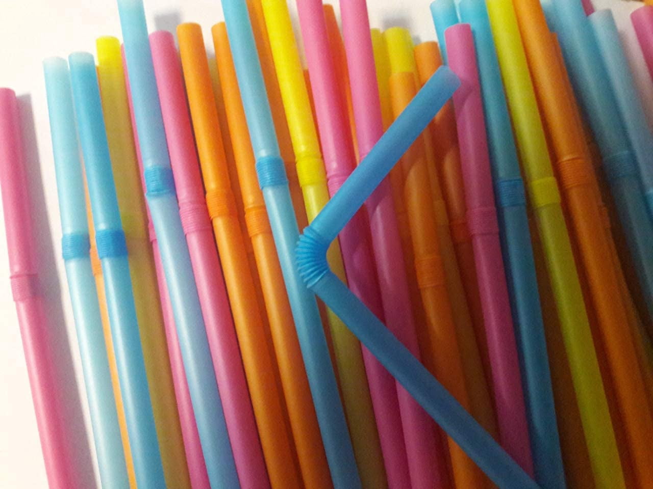 100 Pack Extra Long 10.2" Flexible Plastic Drinking Straws – Colorful & Disposable