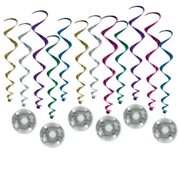 Beistle 72 Counts Silver Shiny Disco Ball Multi-Colored Party Whirls 28”