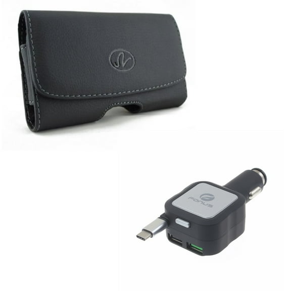 Compatible With Google Pixel 3a XL - Black Horizontal Leather Case w 4.8Amp Retractable Car DC Socket Type-C Charger USB 2-Port