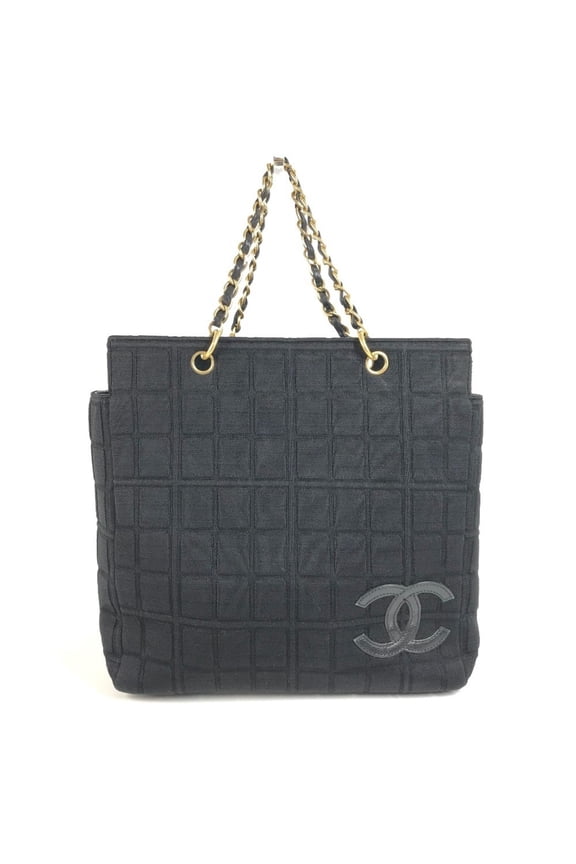 Pre-Owned CHANEL CC Coco Mark Logo Chocolate Bar Tote Bag, Double Chain, Chain Shoulder Cotton...