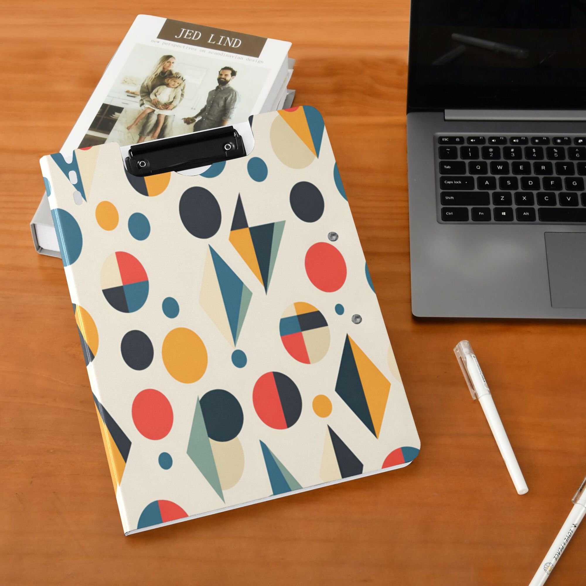 FORMRS A4 Clipboard Folder with Pen Holder Horizontal Foldable School Office Binder, Red Geometric