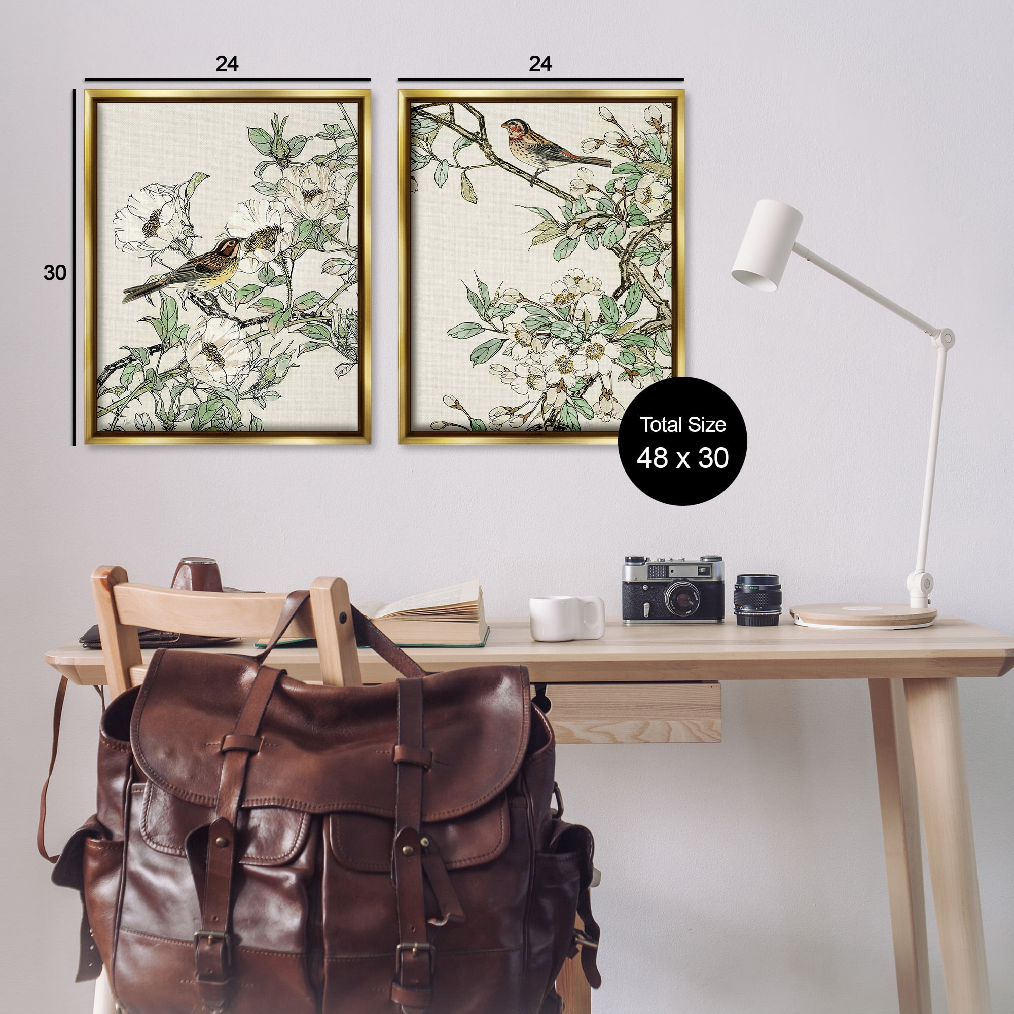 Stupell Industries Classic Sparrow on Blossoms Animals & Insects Painting Gold Floater Framed Canvas Art Print Wall Art, 25 x 31, Set of 2