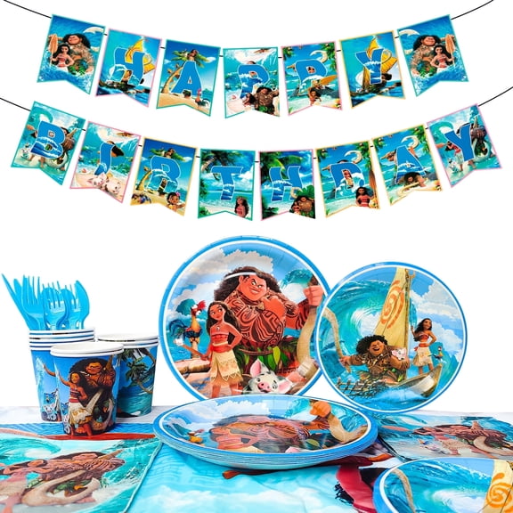Moana Party Tableware Set,86 pcs Moana Birthday Party Decorations Tableware Packs Includ Moana Banners Tablecloth Plates Cups Napkins etc Moana Theme Party Supplies for Boys/Girls,Serves 10