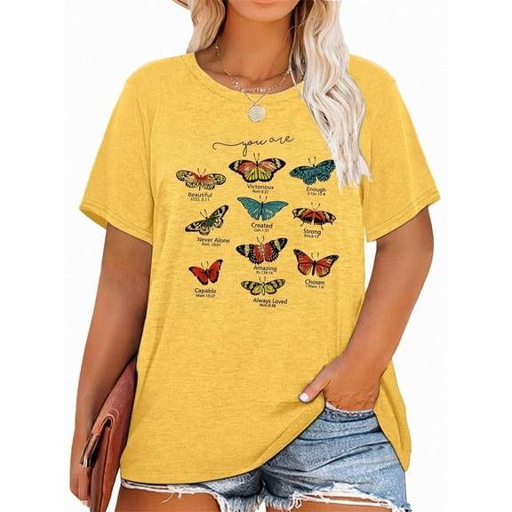 Anbech Women's Butterfly Plus Shirts Casual Loose Oversized Tshirt Short Sleeve Floral Summer Tee