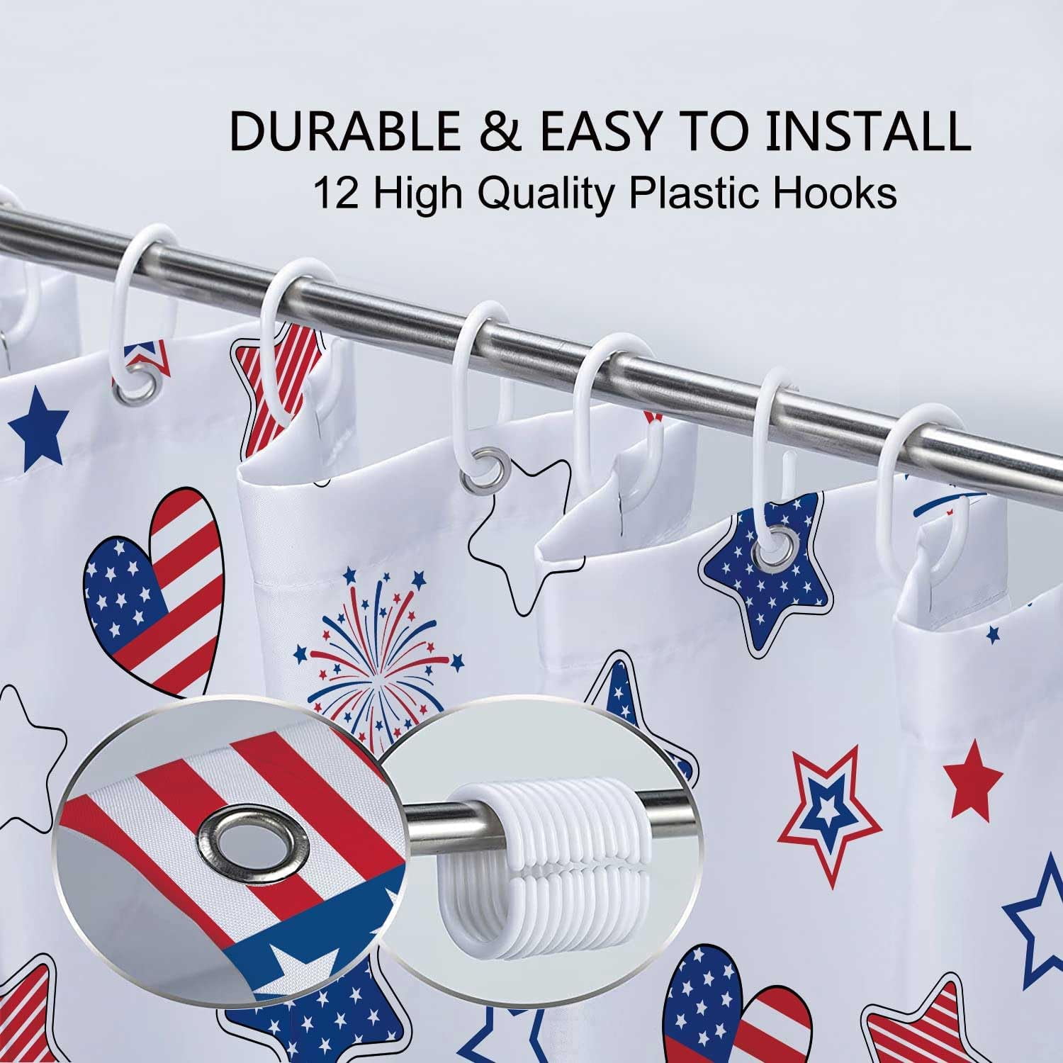 4th of July Independence Day Shower Curtain Set, 4th of July American Flag Patriotic Star Fabric Bathroom Shower Curtain Family Holiday Decor Bathtub Curtain with 12PCS Hook