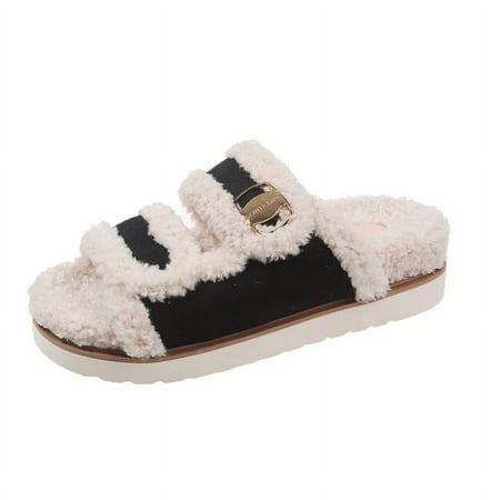 

Plush Slippers for Women Winter Fur Slippers Outdoor Fluffy Slides Mules Flip Flops Fashion Warm Comfort Casual Flat Slipper (black 39)