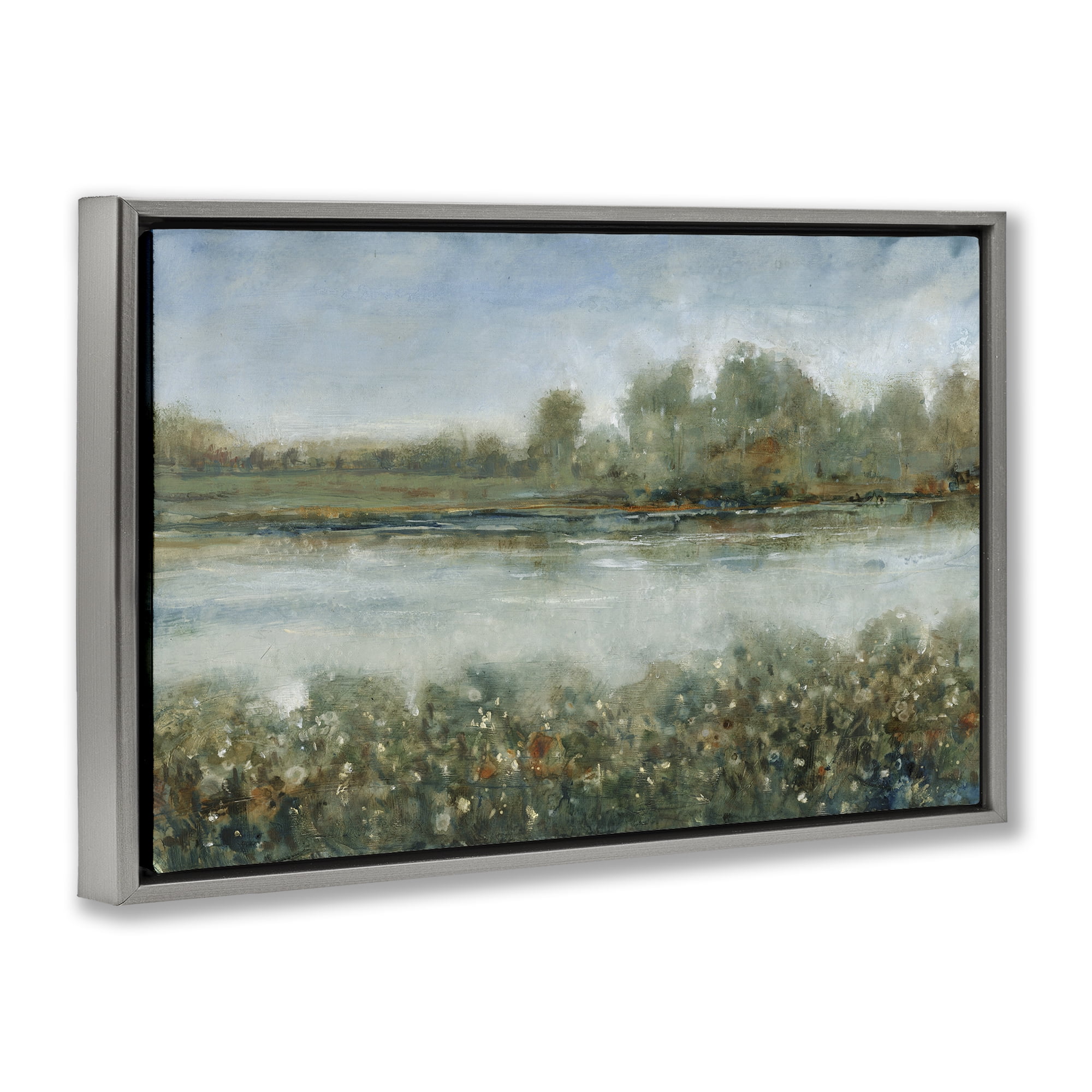 Stupell Industries Vegetation Lining River Landscape & Nature Painting Gray Floater Framed Canvas Art Print Wall Art, 25 x 17