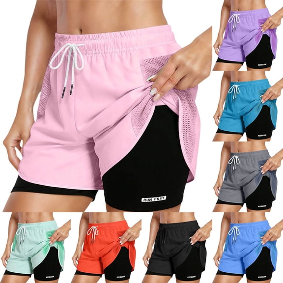 SOFTCCLO Shorts for Women Solid Color Drawstring Casual Shorts Loose with Lining Summer Womens Shorts Black L