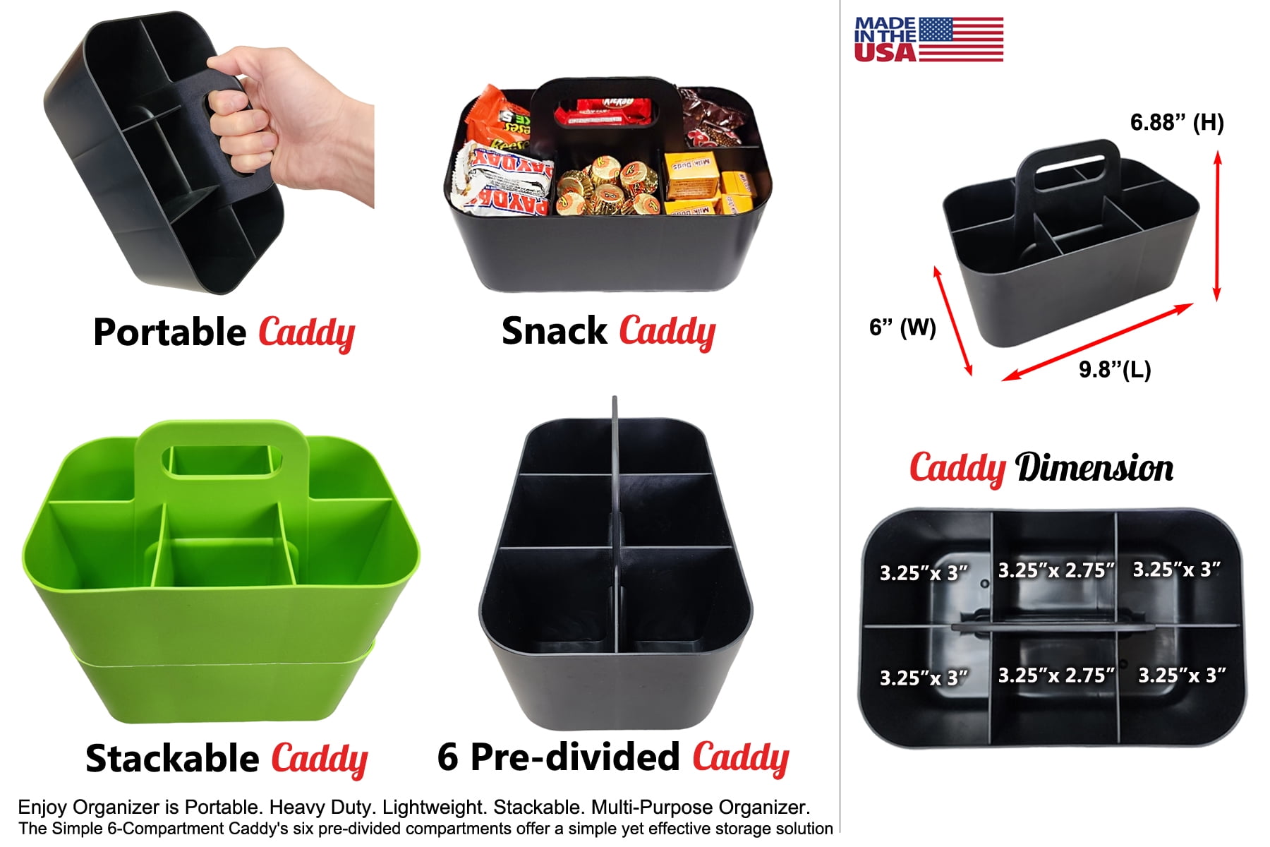 Enjoy Organizer - Small Stackable Plastic Caddy with Handle 6 Compartment | Desk, Makeup, Dorm Caddy, Classroom Art Organizers - 4 Pack, Made In USA Green