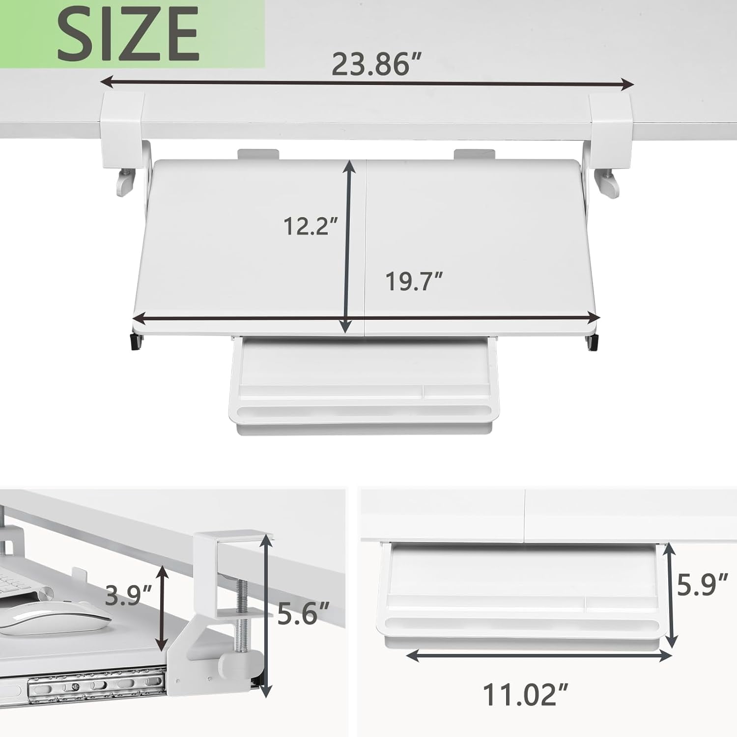 Under Desk Keyboard Tray with Slide Pull Out, C Clamp Mount, Ergonomic Computer Stand for Home Office, White, 19.7" x 12.2" Small Size