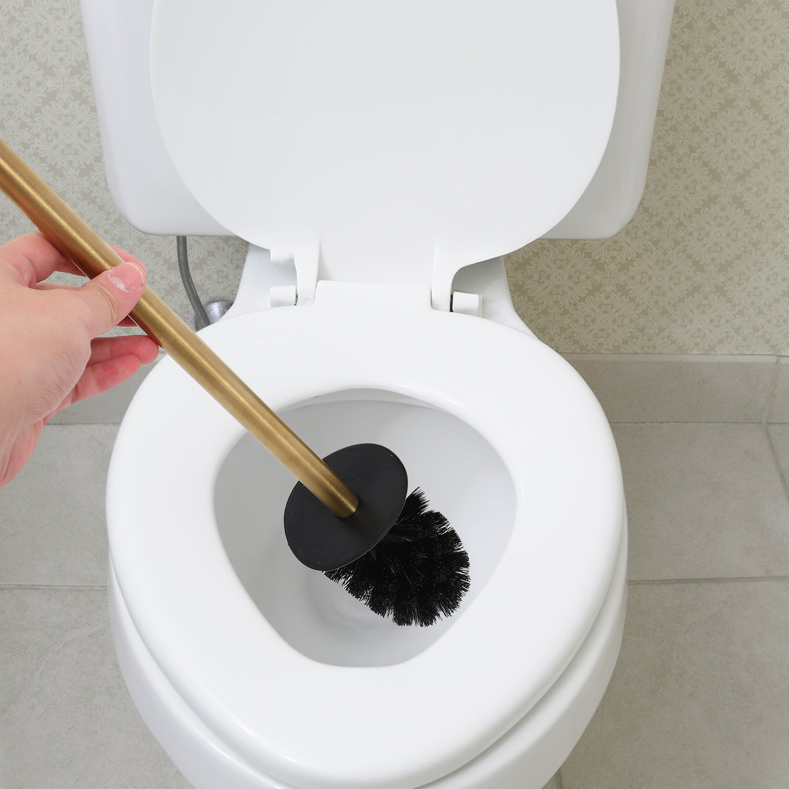 Mat Black Bowl Toilet Brush Holder 34.50X7.30X7.30CM Golden