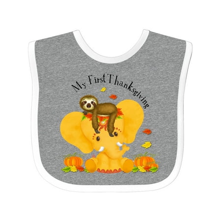 

Inktastic My First Thanksgiving Elephant Etana and Sedrick Sloth Boys or Girls Baby Bib