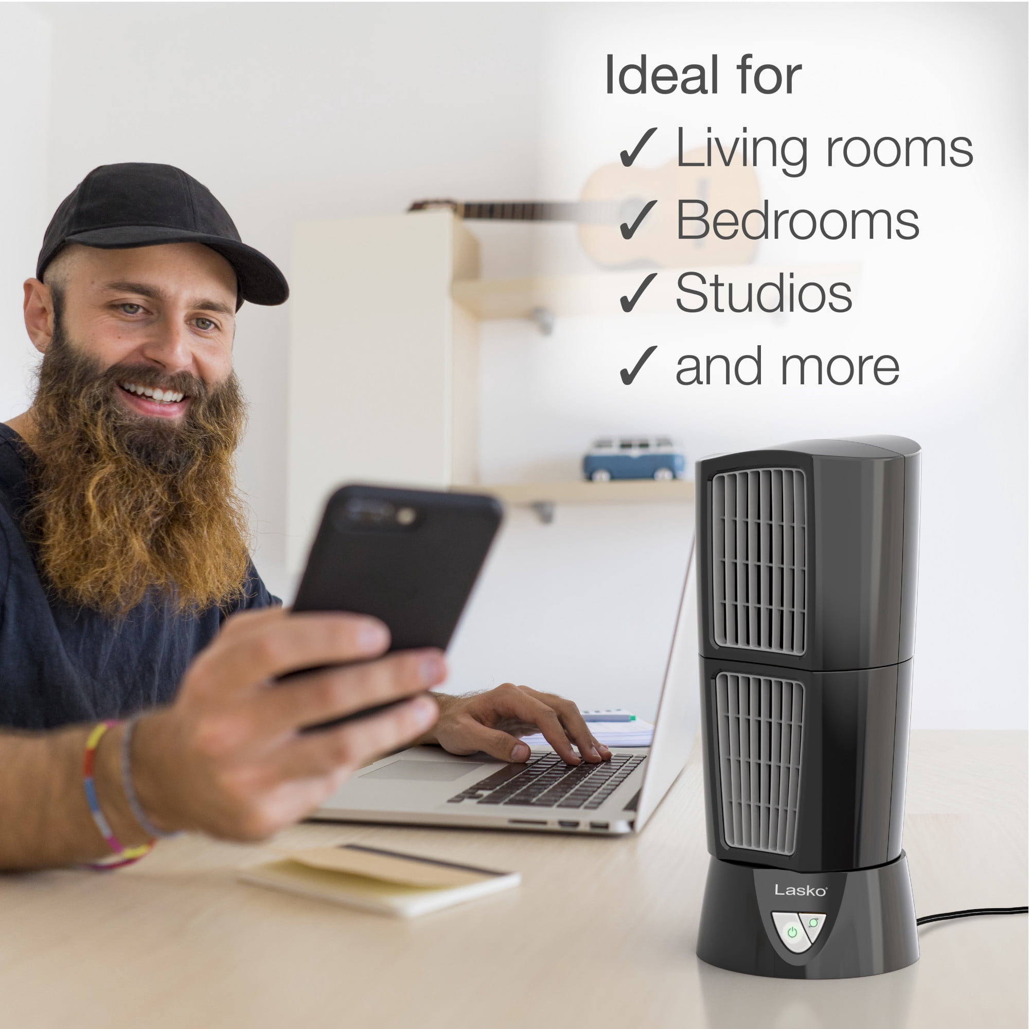 Lasko Platinum Wind Tower 14" 3-Speed Oscillating Table Tower Fan with Pivoting Airflow, Portable Desktop Fan, Black, 4916