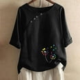 thumbnail image 2 of QQAMB T Shirt for Women Crewneck Printed Short Sleeve Cotton Linen T Shirt Loose Casual Blouse Tops Black L, 2 of 4