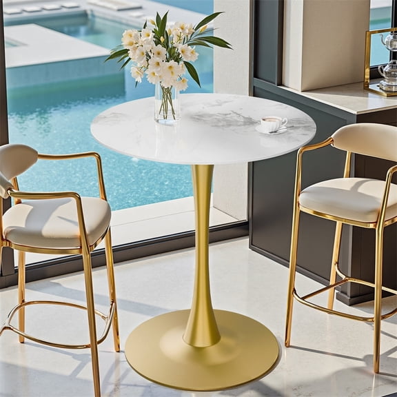 39.3" Counter Height Pub Bar Table Bistro Party Table Sintered Stone Tabletop Stable Metal Pedestal Base, Glossy Jade-White Top & Gold Leg