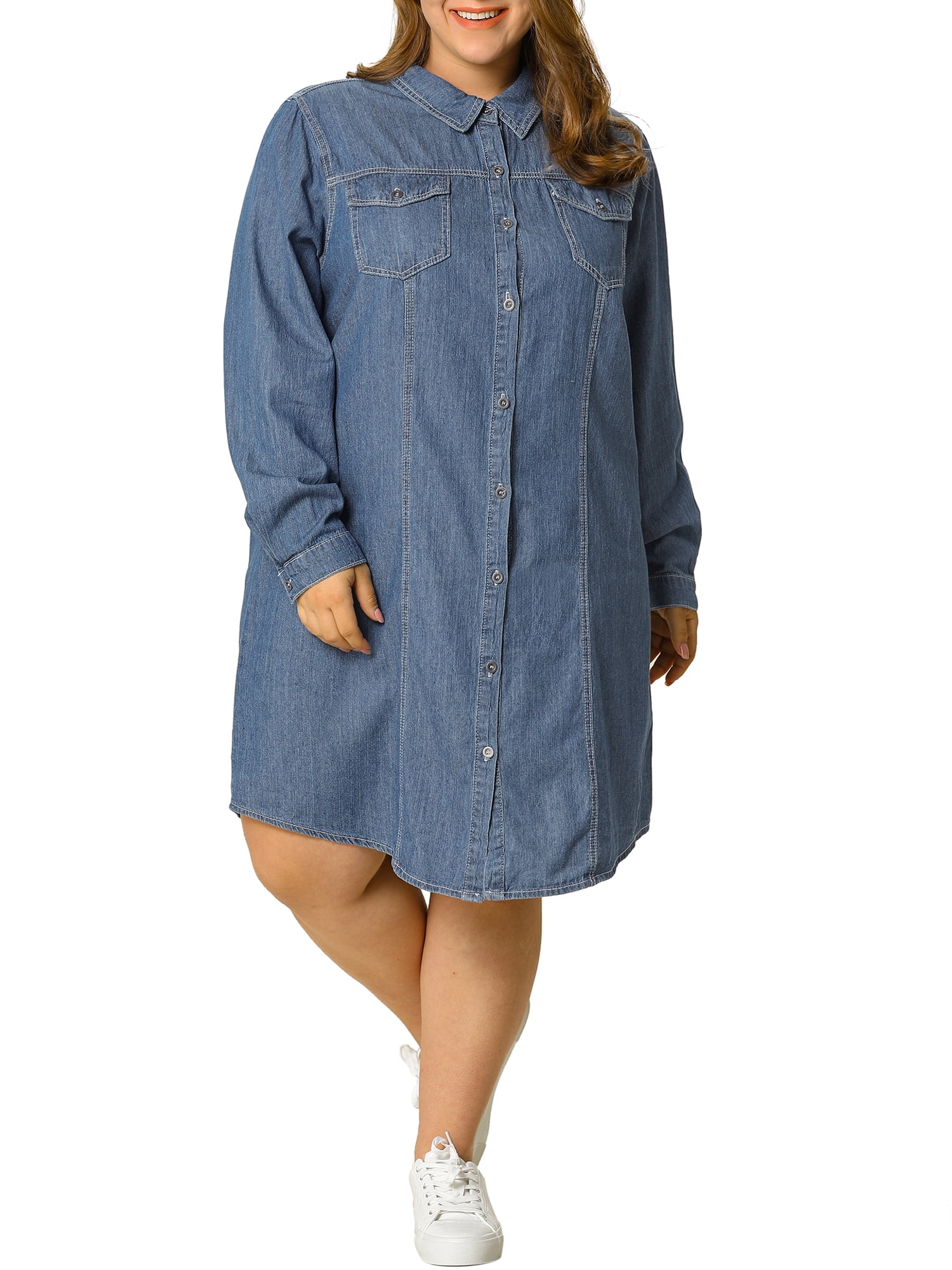 Women's Plus Size Long Sleeve Belted Above Knee Denim Shirt Dress