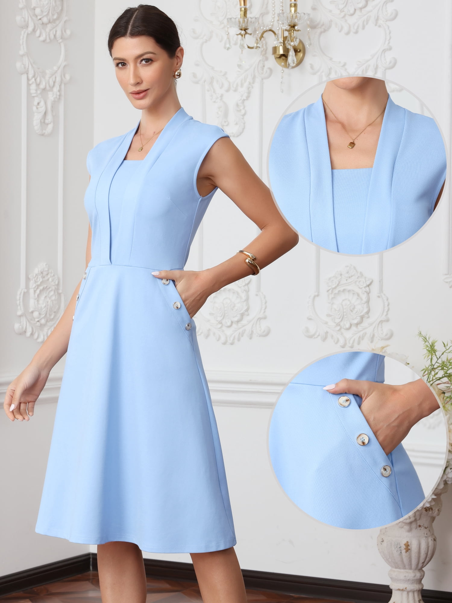 DARING DIVA Women's Elegant Knee Length Cap Sleeve Dressy Dress XL Light Blue