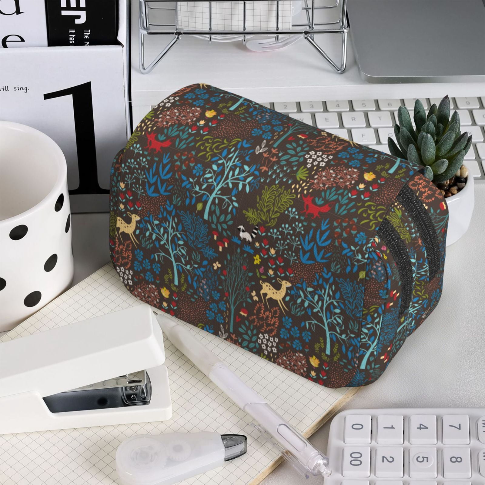Rateoe Deers In The Forest 1 Pattern Double Clamshell Pen Case, Storage Organizer with Two Zipper Compartments– Holds Up to 50 Pencils & Pens