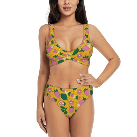 Rocae Strawberry for Bikini Set for Women Two Piece Sexy High Swimsuits Split Crossover Bikini XX-Large