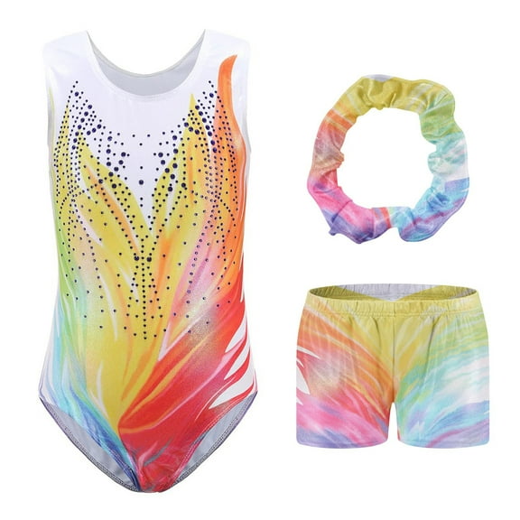 Girls Gymnastics Leotards with Shorts Hairband Sparkly Tumbling Dance Leotards One-Piece Athletic Outfit for 5-12T