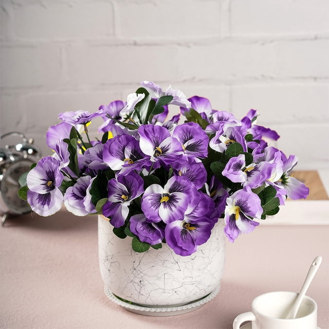 Ramos de seda artificial y flores silvestres | Tallos decorativos tricolor violeta - Flores falsas realistas, 5 tenedores, 12" | Plástico, Rosa Púrpura Blancas Flores | Uso en exteriores, cuidado