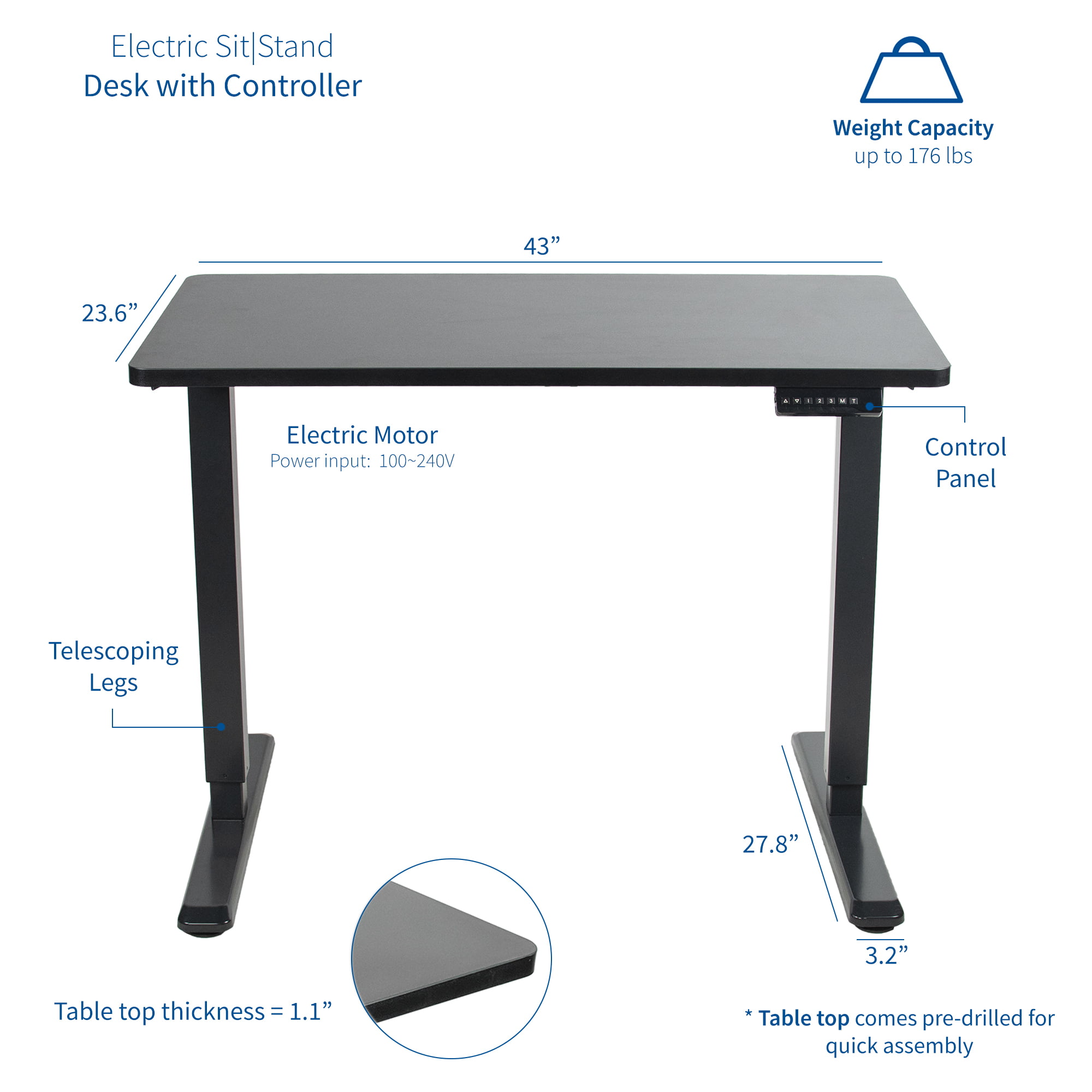 VIVO Electric 43” x 24” Stand Up Desk | Black Table Top, Black Frame,  Height Adjustable Workstation (DESK-KIT-1B4B)