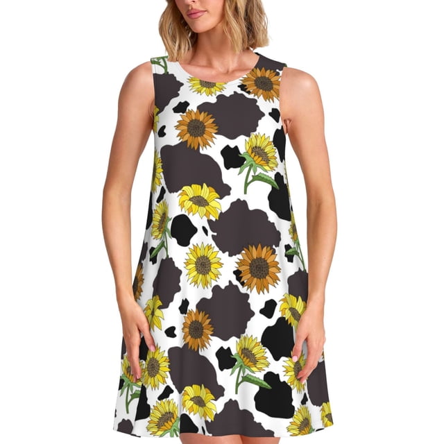 Fotbe Black Cow Sunflowers Vestido de Verano sin Mangas para Mujer – Vestido Midi Línea A, Estilo Camiseta Floral, Vestido Playero Casual y Fluido