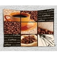 thumbnail image 1 of Coffee Tapestry, Square Frames Collage Design with Orange Cup Hot Beverage Morning Drink, Wall Hanging for Bedroom Living Room Dorm Decor, 80W X 60L Inches, Dark Brown Orange Beige, by Ambesonne, 1 of 2