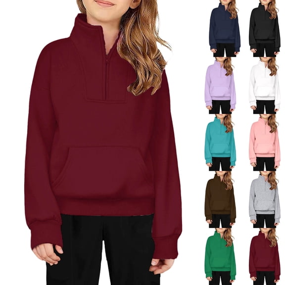Girl Sweatshirts Long Sleeve Quarter Zip Sweatshirt Pullover Tops Fall Clothes Red Sweatshirt Size 5-14 Years