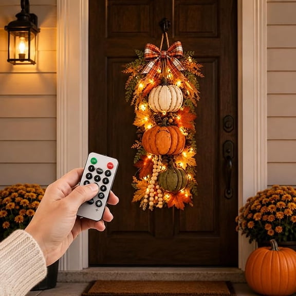 LED Seasonal Pumpkin Wreaths for Front Door, Thanksgiving Fall Lighted Wreaths Decor,Halloween Garland Farmhouse Hanging Decoration for Porch, Entryway, Wall, Home Decor