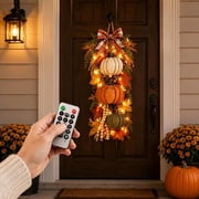 LED Seasonal Pumpkin Wreaths for Front Door, Thanksgiving Fall Lighted Wreaths Decor,Halloween Garland Farmhouse Hanging Decoration for Porch, Entryway, Wall, Home Decor