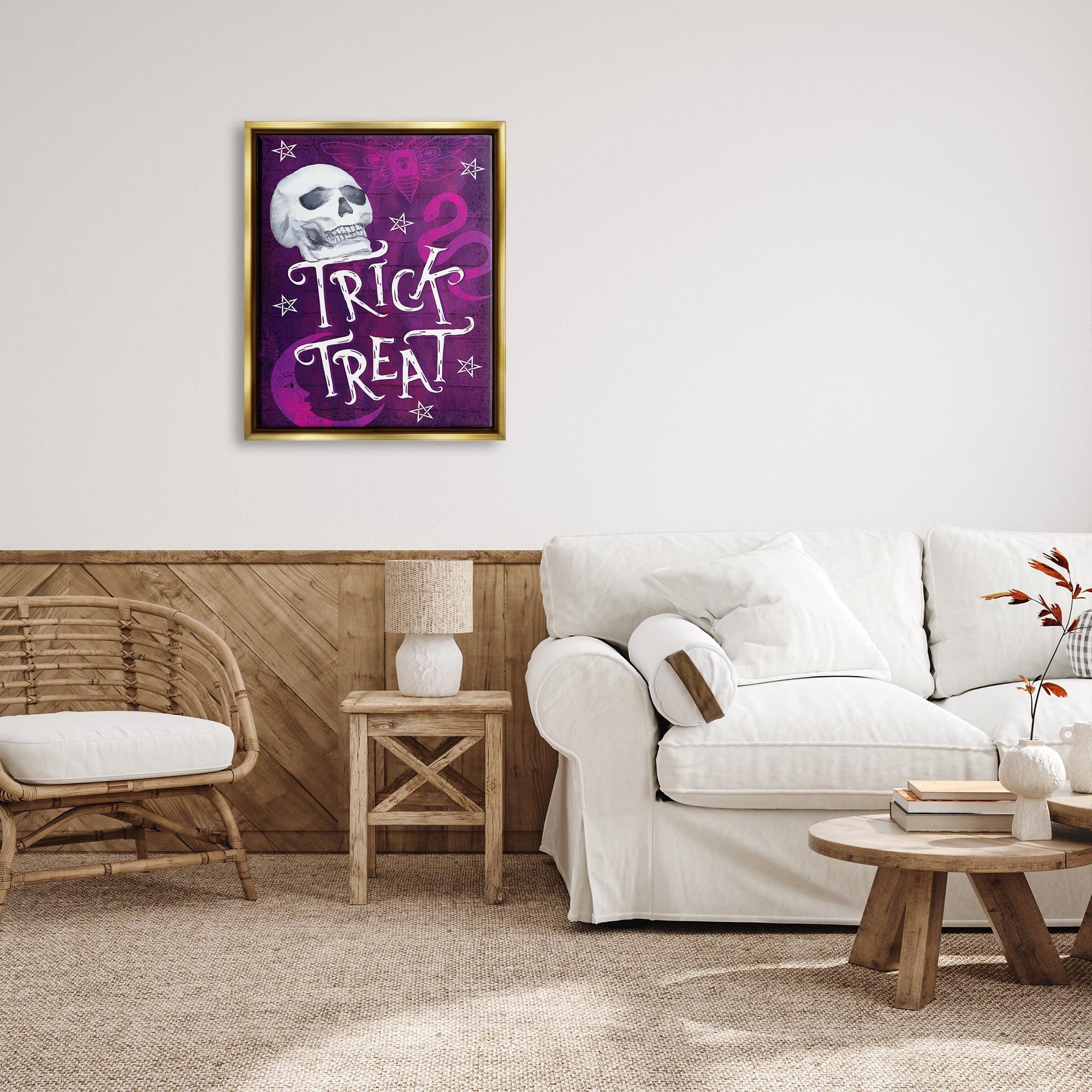 Stupell Industries Trick or Treat Purple Halloween Holiday Painting Gold Floater Framed Art Print Wall Art