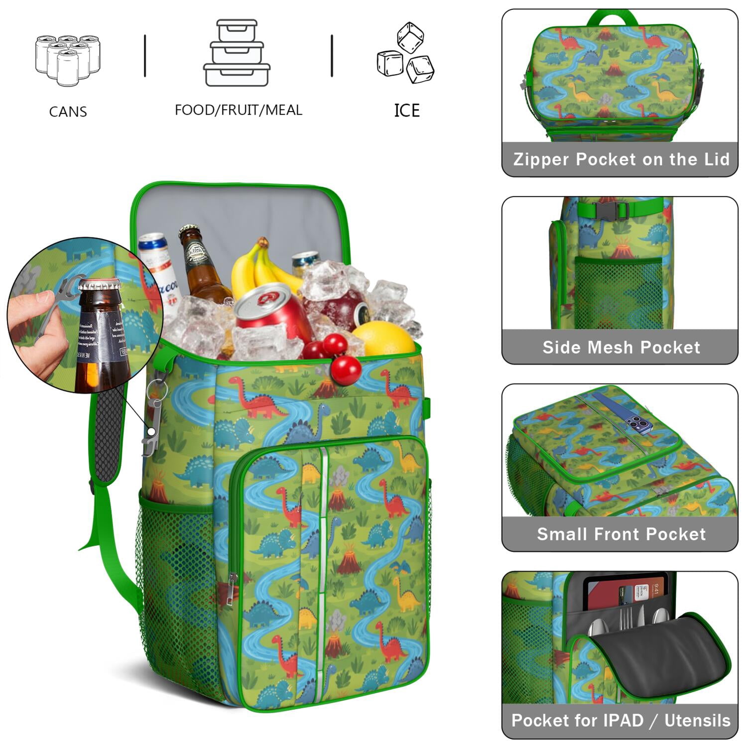 Travel Cooler Bag - Dinosaurs River Volcano Green Pattern Camping Beer Cooler Backpack with Bottle Opener- Waterproof Insulated Picnic Backpacks - Cooler Bag for Beach
