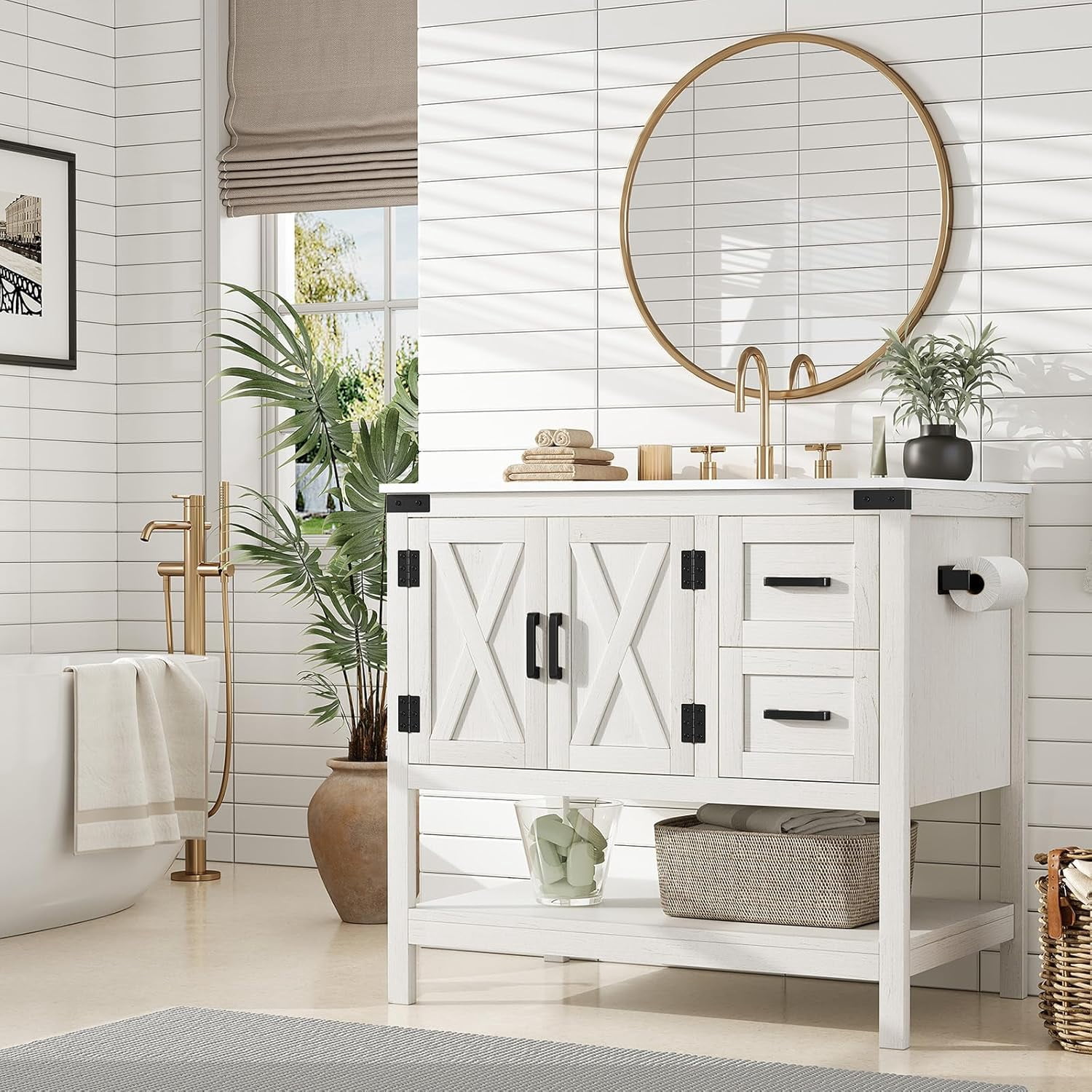 Merluxy Farmhouse Bathroom Vanity with Sink,Wood Barn Door Freestanding Bath Storage Cabinet,White