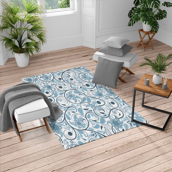 Vintage Turkish Area Rug, Oriental Scroll with Swirling Leaves with Eastern Design Inspirations, Soft Carpet for Living Room Decor with Distressed Look, 4' X 5.7', Petrol Blue, by Ambesonne