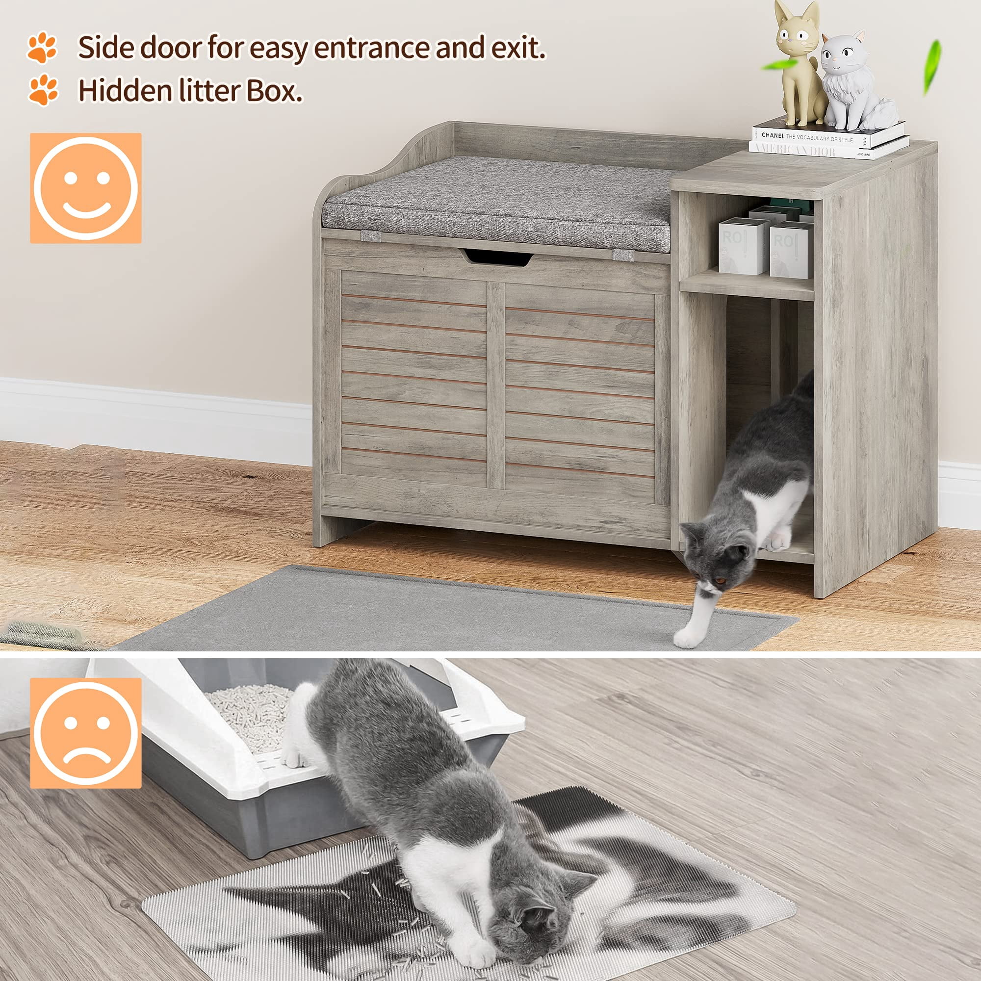 Faitaliicy Litter Box Enclosure With Cushion Hidden Cat Litter Box With Top Opening Flip Top Privacy Cat Litter Box Cabinet Wooden Cat Washroom Storage Cabinet Bench For Living Room Bedroom