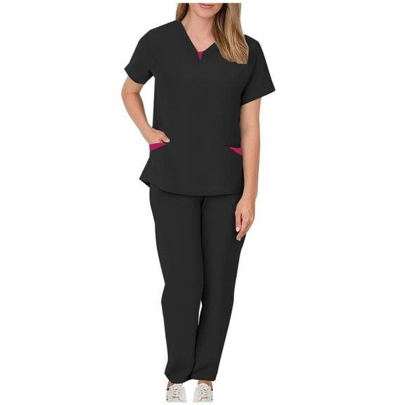Xfvqtps Scrubs for Women Scrub Tops Drawstring Jogger Pants Set Solid Color Drawstring Pants Protective Suit Short Sleeve V-Neck Shirts with Pocket Black