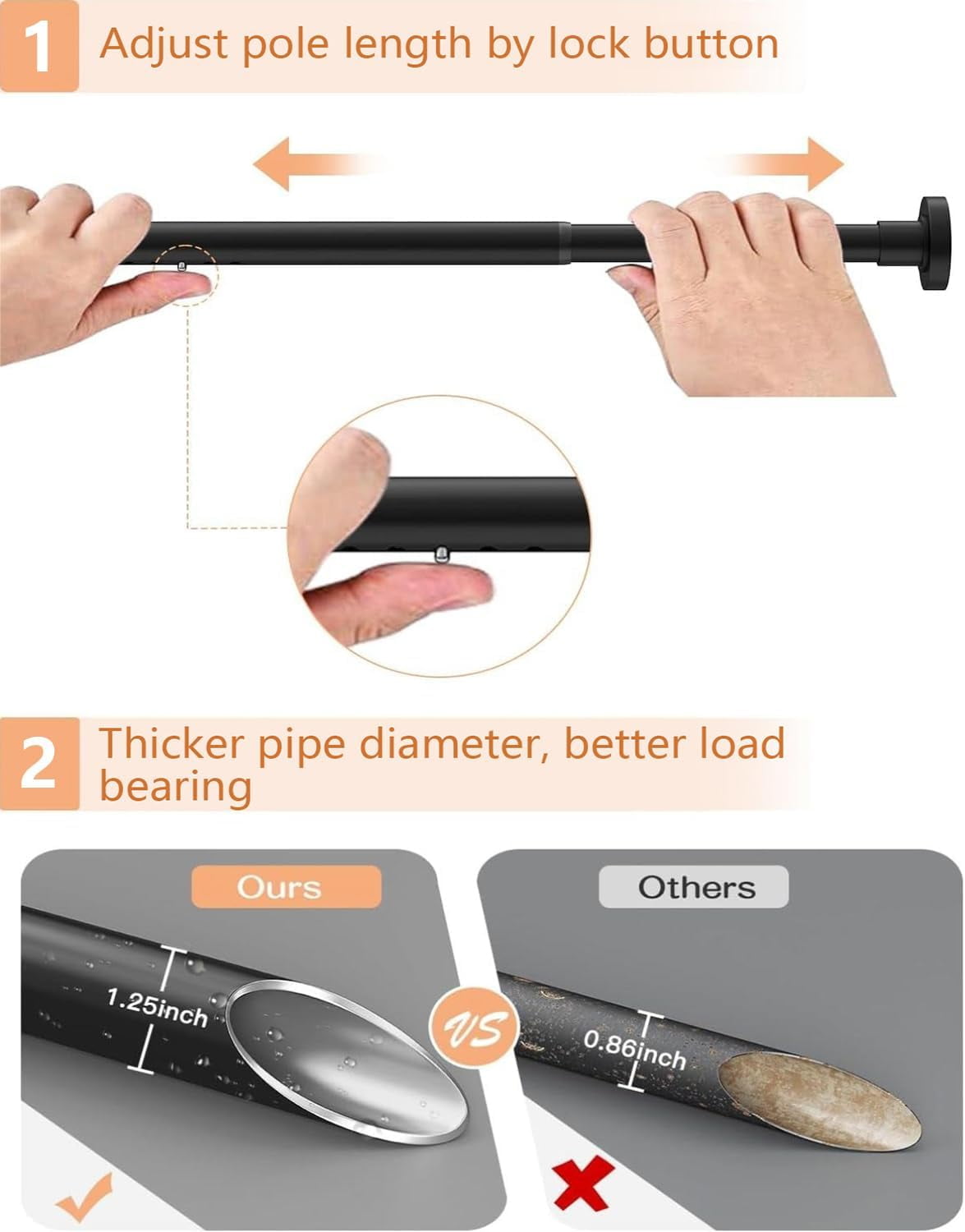 Adjustable tension curtain rods no drilling, heavy duty 66 to 120 inches, black, for patio, bedroom, living room, outdoor curtains, window treatments