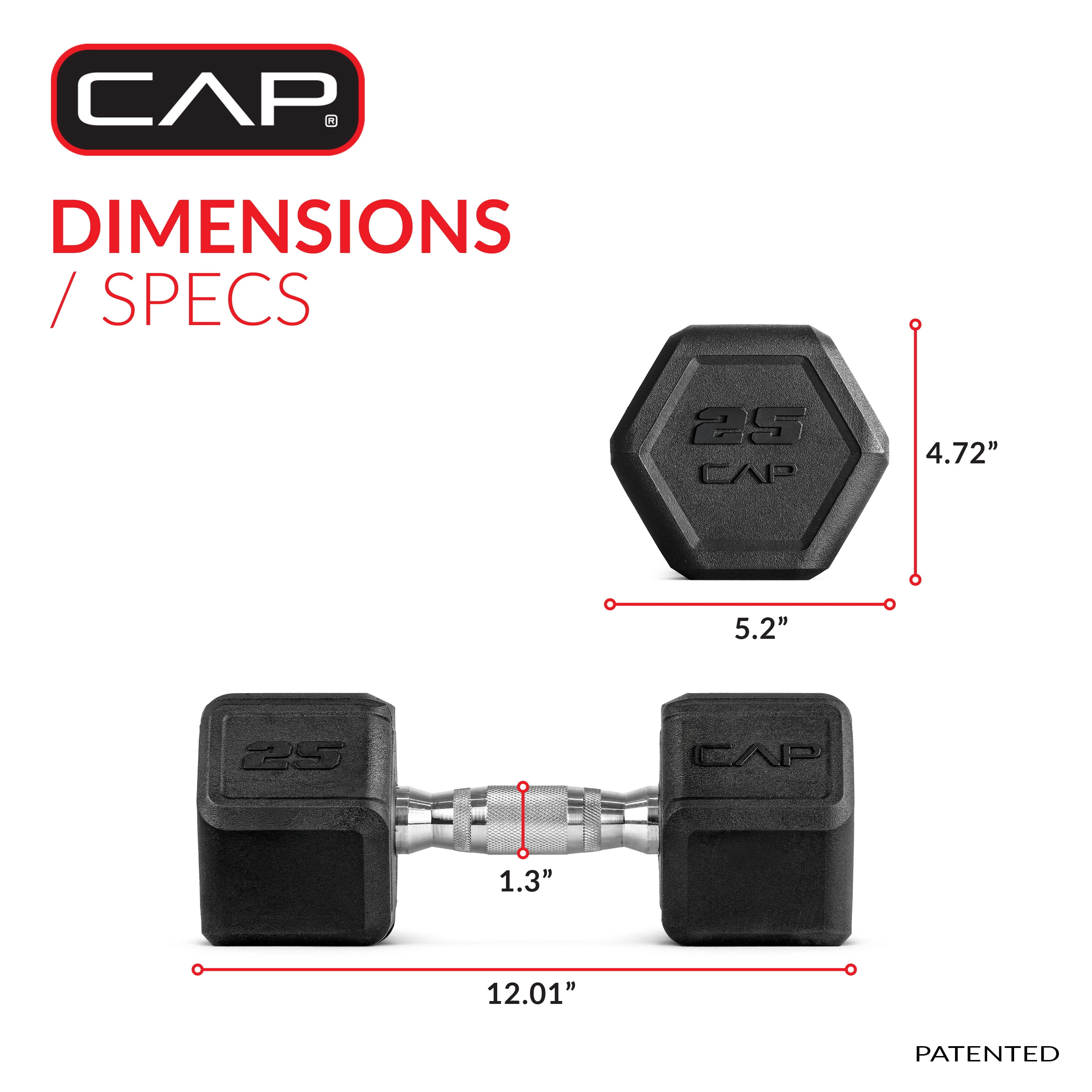 CAP 25 lb Premium Rubber Hex Dumbbell Pair, Chrome Handle, Home Gym Hand Weights
