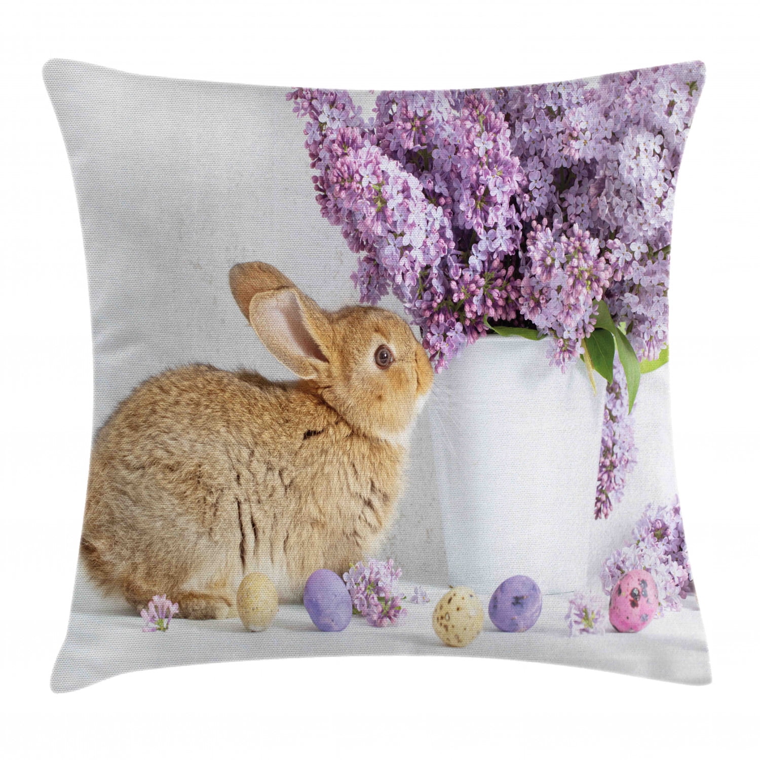 Easter Bunny Throw Pillow Cushion Cover, Adorable Brown Easter Rabbit with Lilac Flowers Dyed