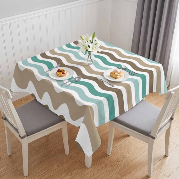 Teal Brown Ombre Table Cloth Waterproof Tablecloths, Geometric Striped Water Ripple White Tablecloth Dining Table Cover for Kitchen Party Tabletop Outdoor, Square Tablecloth 54x54 Inch