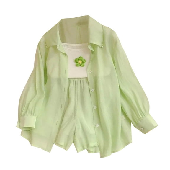 Fesfesfes Children's Ice Silk Cardigan Long Sleeve Top and Pants  Vest Set Medium to Large Kids Sun Protection Clothing Sets,Breathable Summer Outfits,Lightweight 2Pcs Outfit(Green,16 Years)